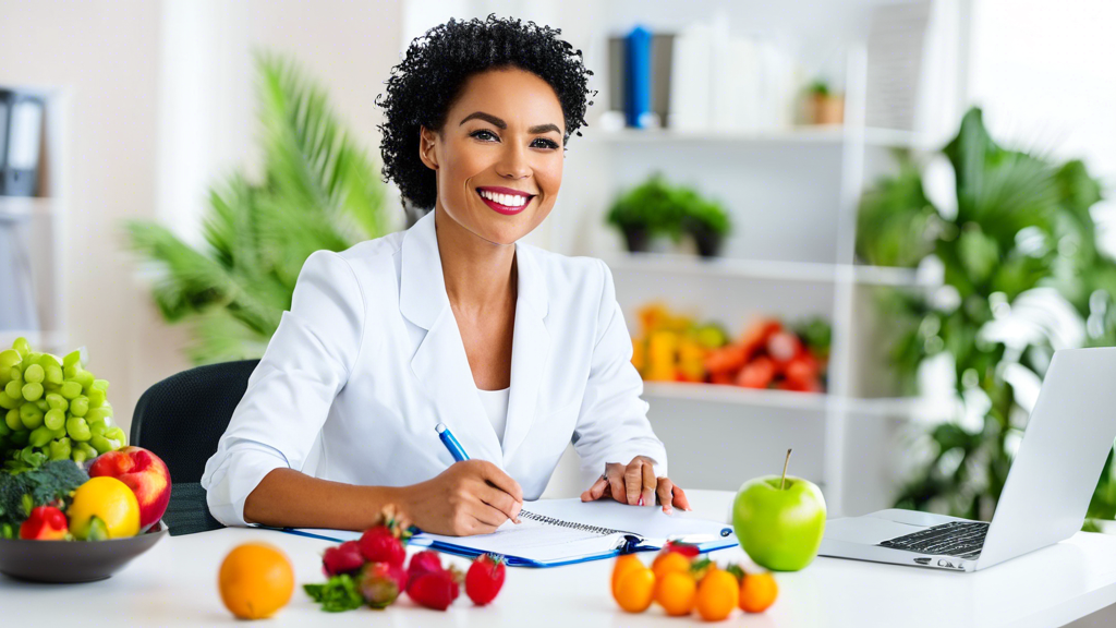 A smiling dietitian in a white coat writes in a notebook, surrounded by fresh fruits and a laptop, emphasizing healthy weight loss support.